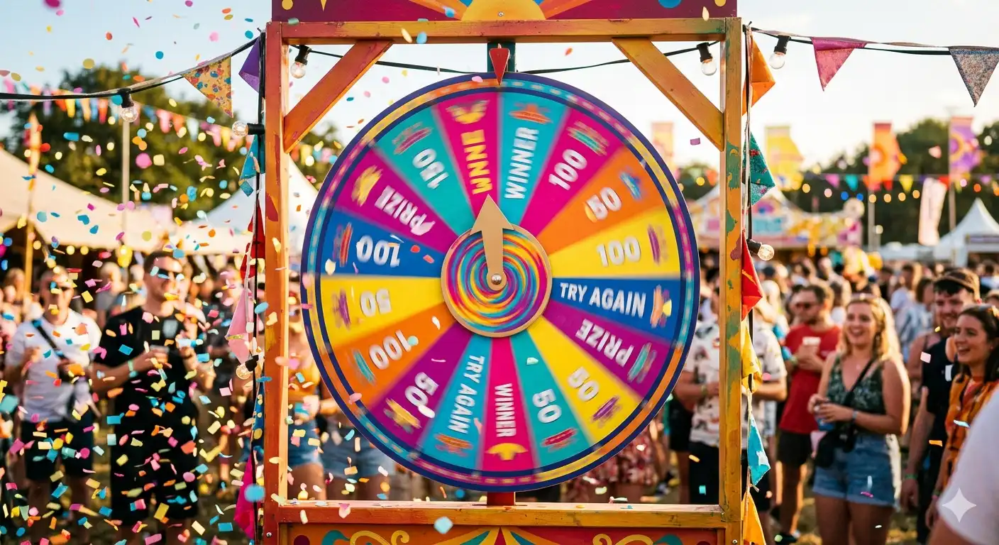 People gathering happily to pick a random name from the wheel